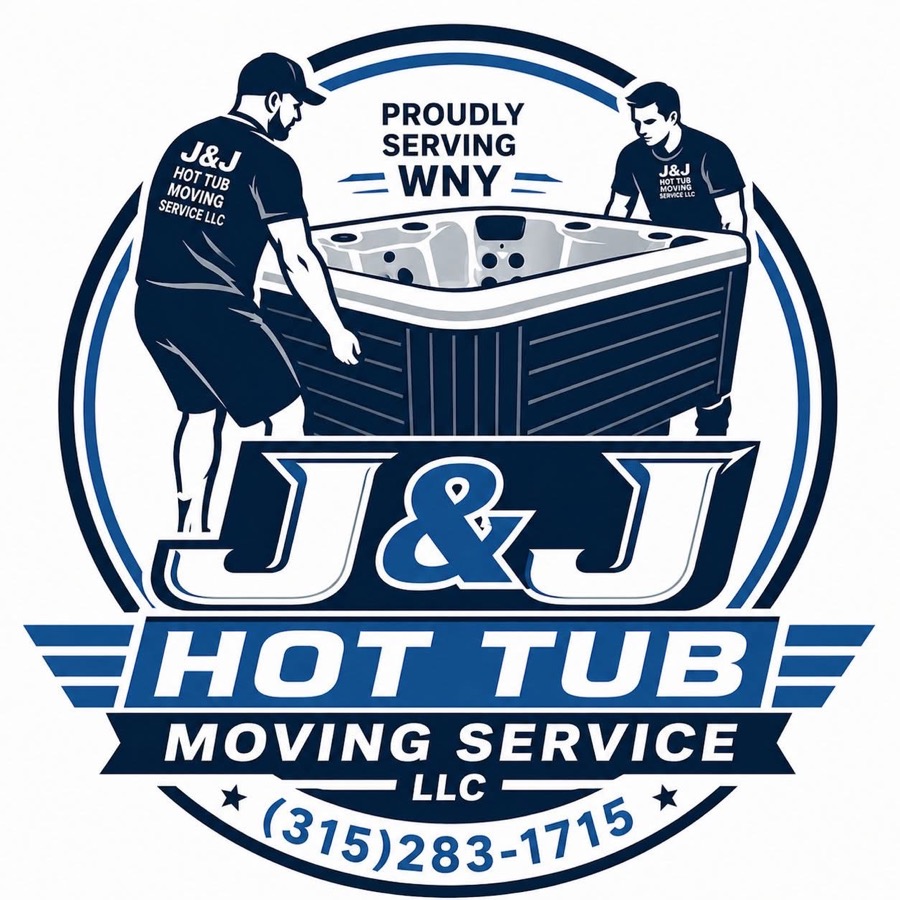 J&J Hot Tub Moving Service LLC logo with two movers, Proudly Serving WNY, and the company phone number